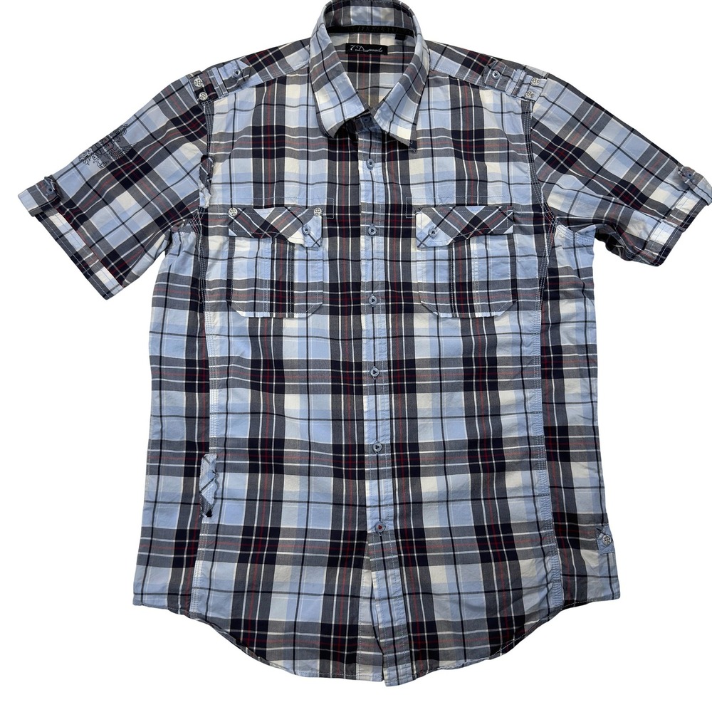 7 Diamonds Mens L Hi-Five Plaid Short Sleeve Button Down Shirt Cotton Blue Gray